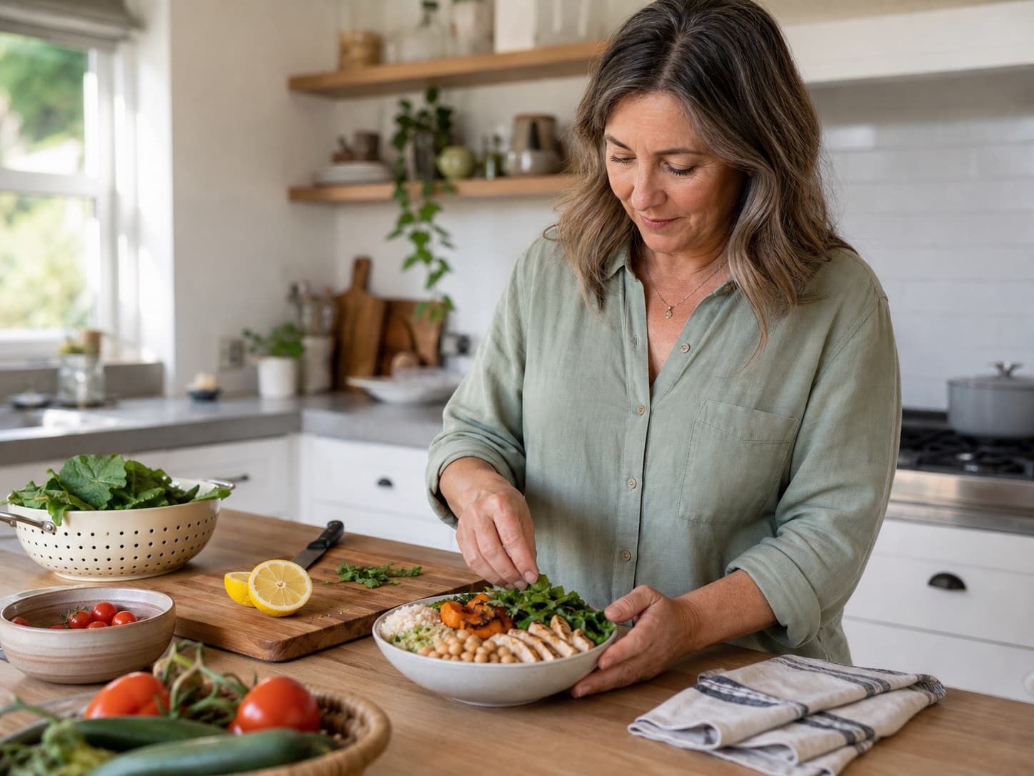 A midlife woman preparing a balanced meal in a bright home kitchen