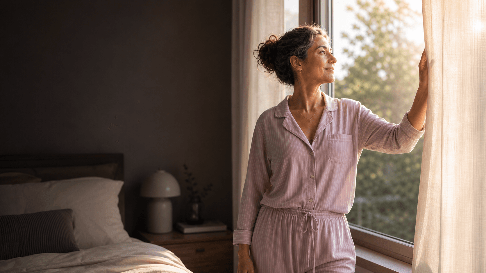 A woman opening her bedroom curtain in the morning light