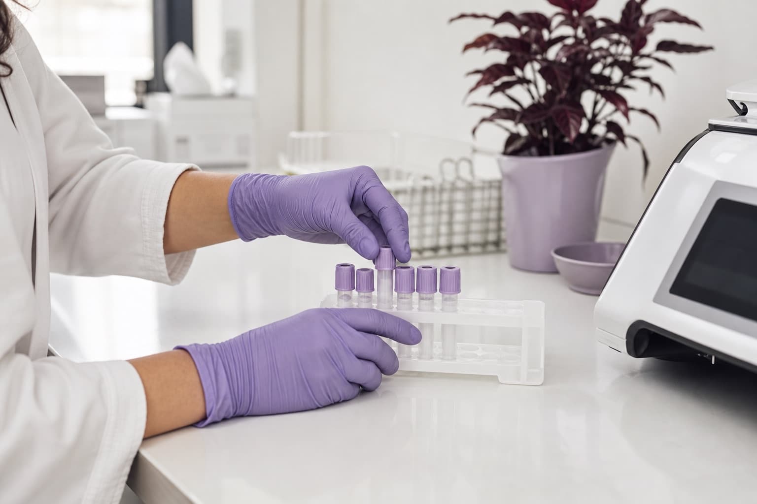 A laboratory professional organizing specimen tubes